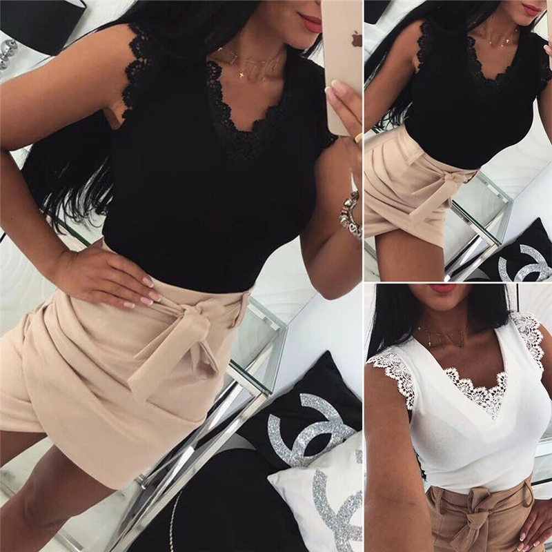 Новинка 2019 модная Женская Сексуальная кружевная Лоскутная футболка без рукавов