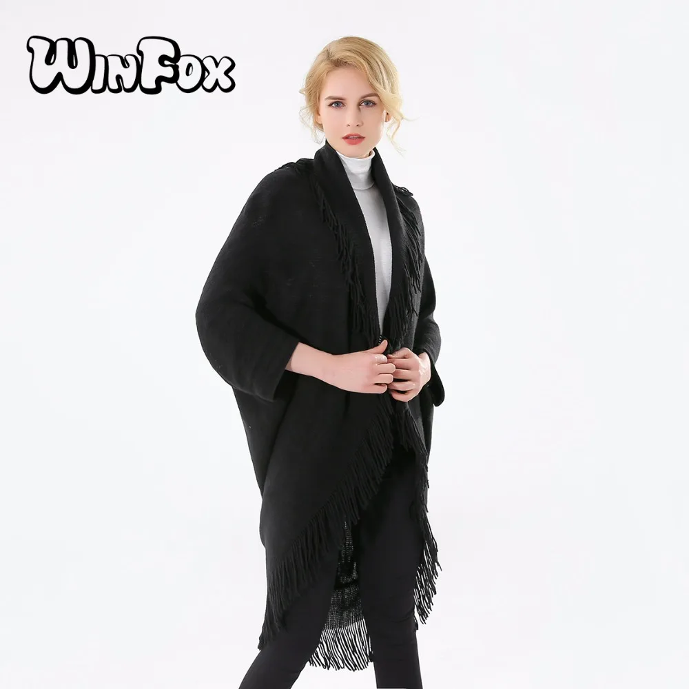 Женский свитер из пашмини Winfox черный/темно синий/кофейный пончо с кисточками|ponchos