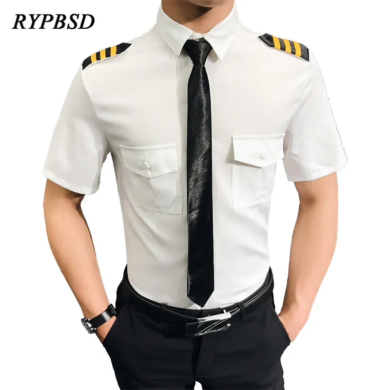 Camisa Social Manga Curta Air Force Pilots Uniform Shirt Men Black White Slim Fit Camisa Social Masculina Dress Shirt