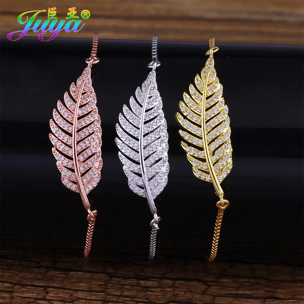 

New Design Plant Jewelry Micro Pave Zircon 36*12mm Gold/Rose Gold Leaf Connector Charm Bracelets For Women Mothers Day Gift