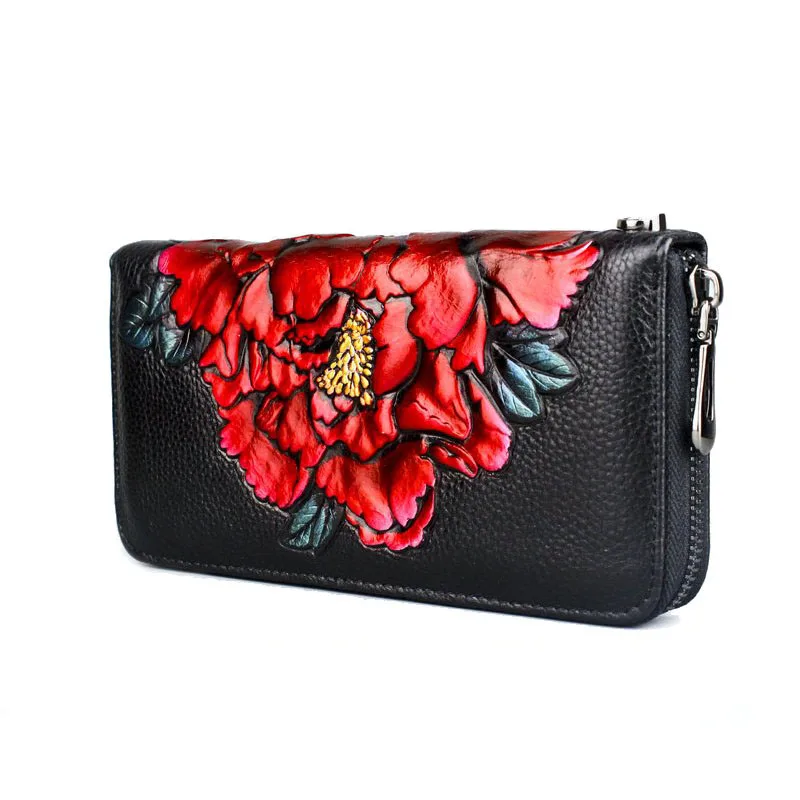 Red peony Кошелек женский натуральная кожа молния модные Цветок Длинный кошелек женская Праздничная обувь клатч женская кожана - Цвет: Red peony