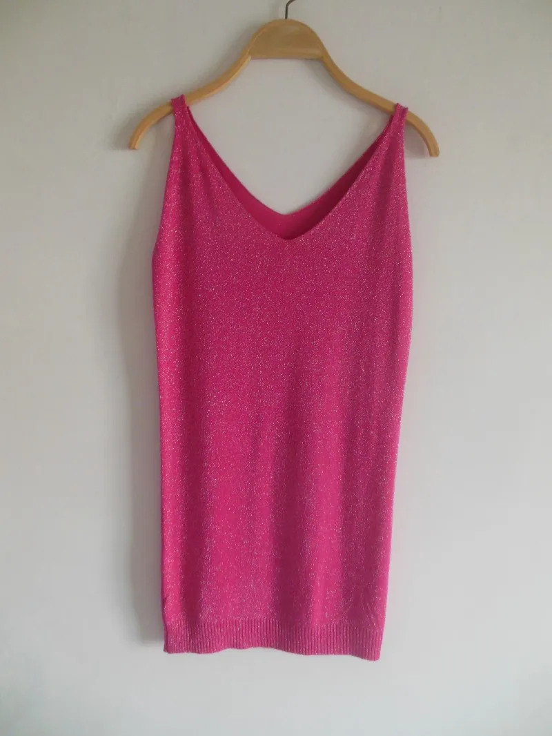 D00356 hot pink 17 цветов новая весенняя Сексуальная ВЯЗАНАЯ МАЙКА с бретельками Женская тонкая однотонная Серебряная футболка с v-образным вырезом женская укороченная Повседневная накидка без рукавов Блузка - Цвет: D00356 hot pink