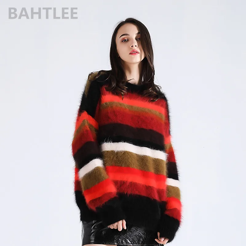 BAHTLEE  Autumn Winter Women's Angora Rabbit Pullovers Knitting Sweater O-NECK  Keep Warm Loosefir Rainbow