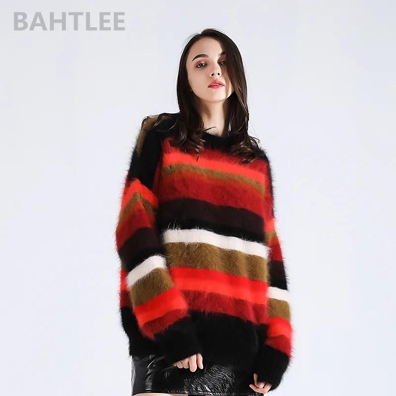 BAHTLEE Autumn Winter Women's Angora Rabbit Pullovers Knitting Sweater O-NECK Keep Warm Loosefir Rainbow | Женская одежда