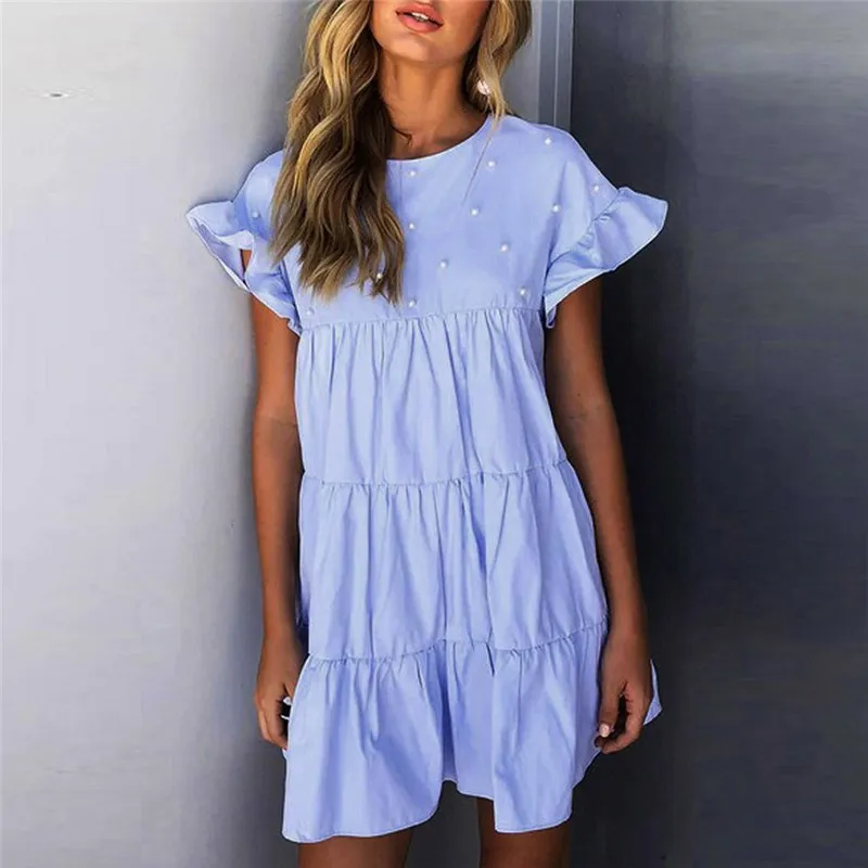Женское летнее платье с рюшами коротким рукавом и круглым вырезом однотонное