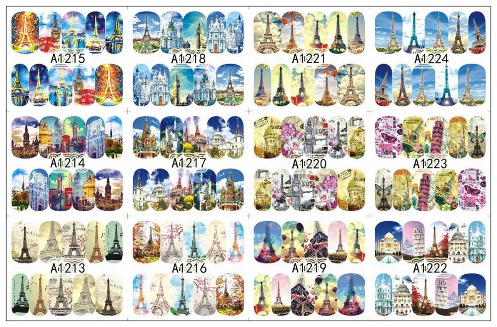 12 упак./лот переводка NAIL ART наклейки на ногти татуировки слайдера с полным покрытием в европейском стиле с оригинальными рисунками "Парижская башня церкви A1213-1224