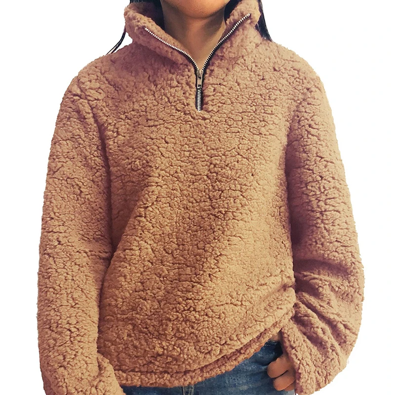 Мода молния Стенд воротник Женский свитшот пуловер осень зима теплый плюш