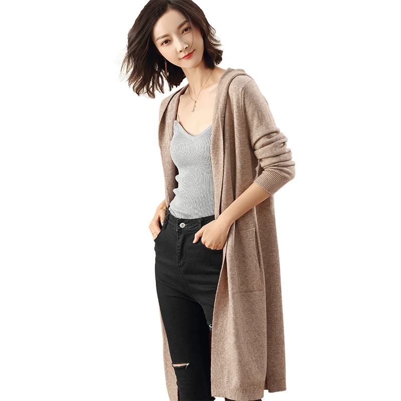 

2019 Autumn And Winter New Hooded Jacket Cashmere Cardigan Sweater Women's Solid Color Coat Soft Cardigan Fashion Coat Long Sect