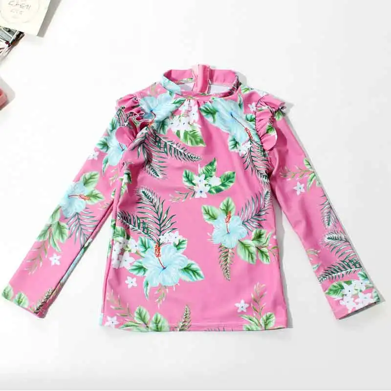 Милый розовый купальник с длинными рукавами и цветочным принтом для девочек