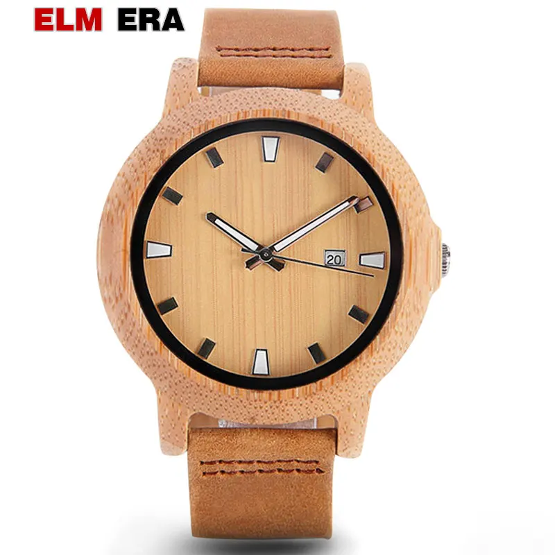 

Мужские часы ELMERA, деревянные часы с кожаным ремешком, желтые цифровые часы, подарки, лучший бренд класса люкс