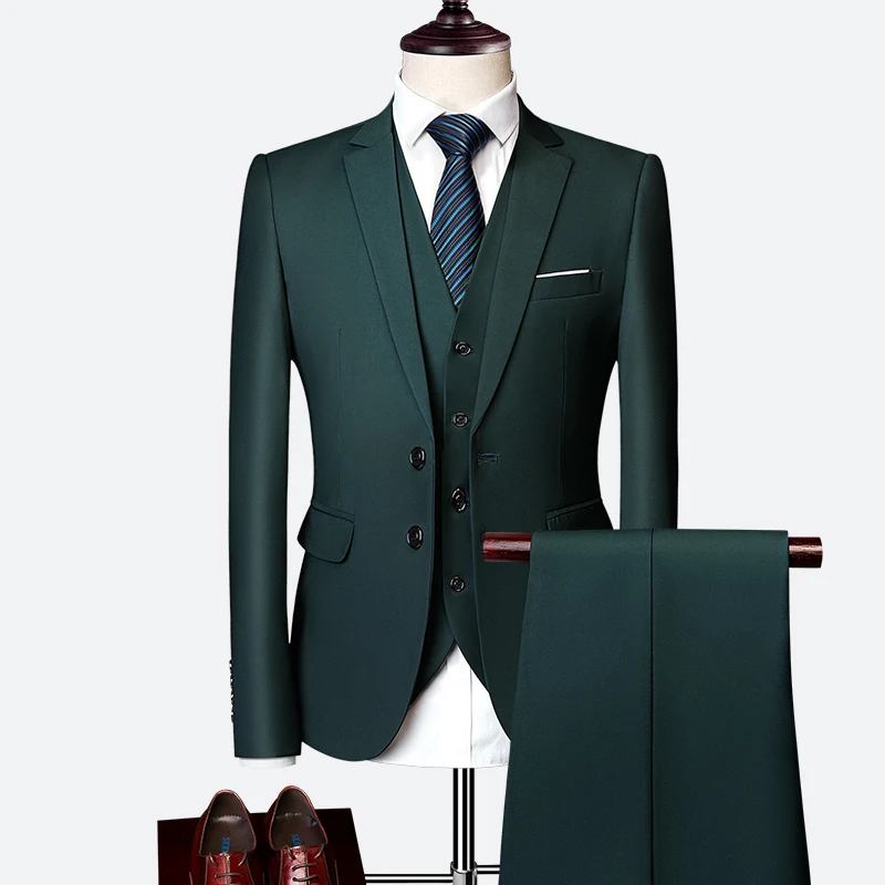Traje de boda de lujo de 3 piezas para hombre, conjuntos de traje de oficina de negocios de color sólido Delgado a la moda, Blazer + Pantalones + Chaleco de talla grande