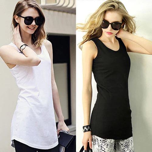 Женская летняя длинная майка модная футболка без рукавов с круглым вырезом |