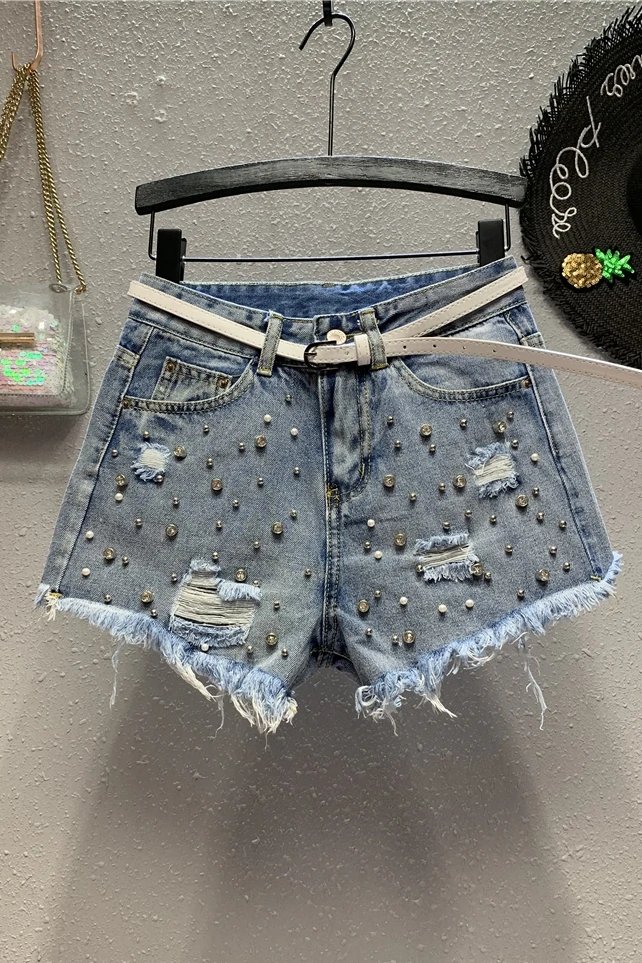 

2019 Shorts Straight Jeans Woman High Waist Bleached Zippers Pockets Button Rivet Ripped Washed Softener Punk Style Regular