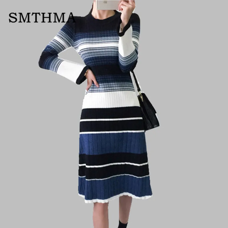 Photo Color SMTHMA, высокое качество, Осень-зима, сексуальное платье в полоску с длинным рукавом, облегающее и расклешенное, женское элегантное Облегающее вязаное платье - Цвет: Photo Color