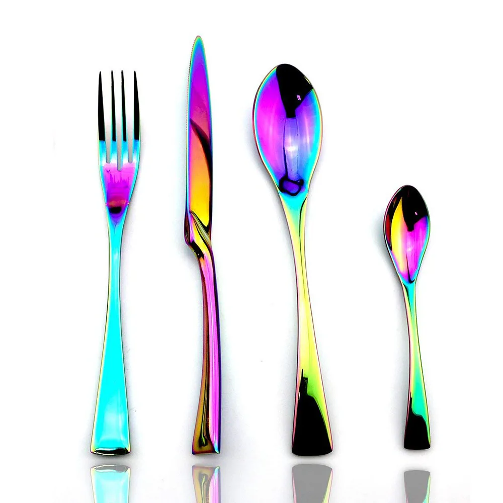 

24 Pieces Luxury Rainbow Mirror Colorful Flatware Cutlery Set 304 Stainless Steel Dinnerware Knife Fork Spoon Tableware Sets