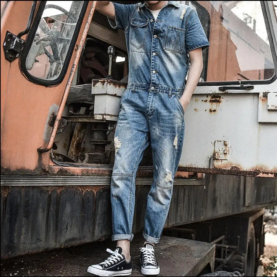 

New Arrival casual men Short sleeves denim overalls jumpsuit blue vintage singer costumes Ripped Denim Bib Overalls pants 060801