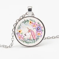 charming cute unicorn pattern vintage necklace antique bronze chain glass pendant necklace female pendant handmade jewelry gifts