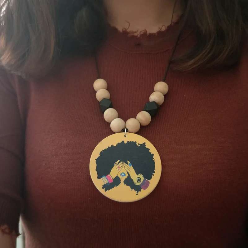  Hot New Yellow Wood Printed Round Africa Girl Tribal Statement Necklace African Wooden Hiphop Bohemia Jewelry Party Gift | Украшения и