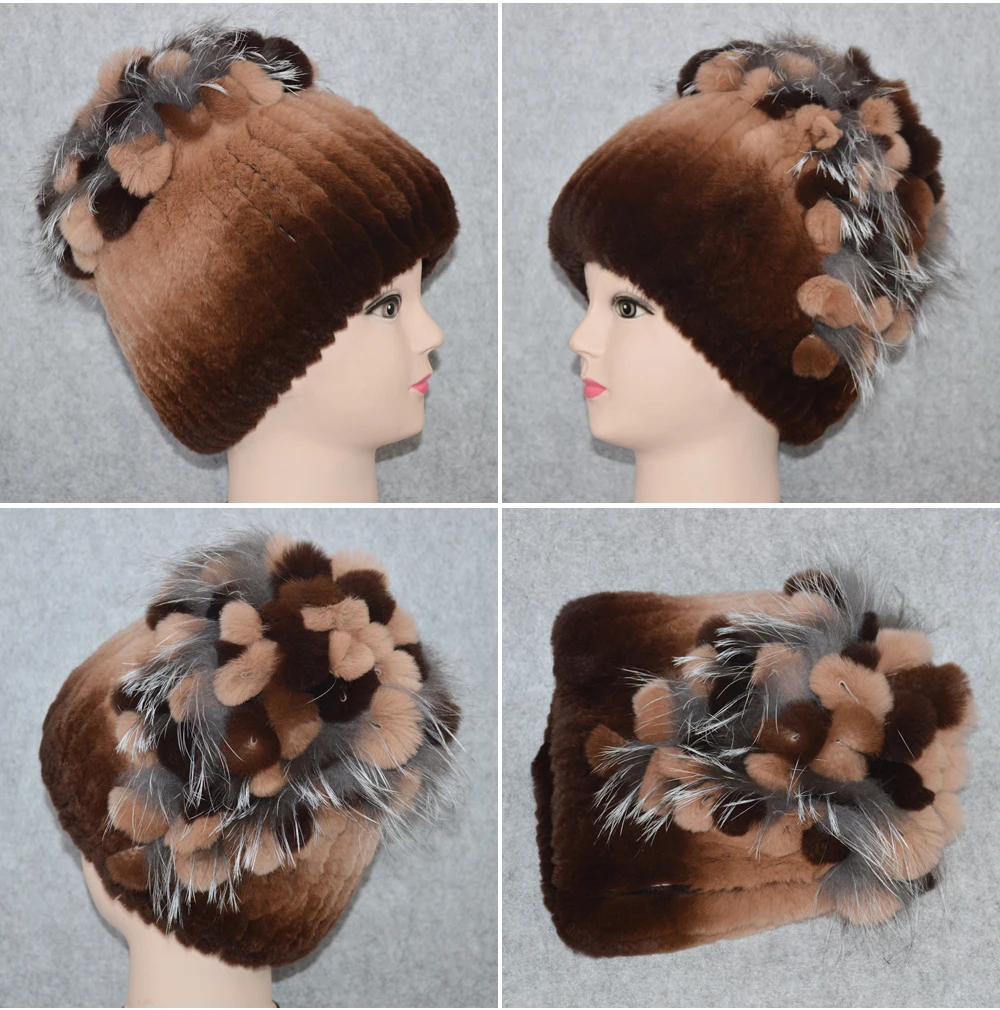 Новые женские шапки Настоящий мех кролика Skullies, роскошные эластичные вязаные цветочные шапки из натурального меха кролика Рекс, зимние шапки из натурального меха