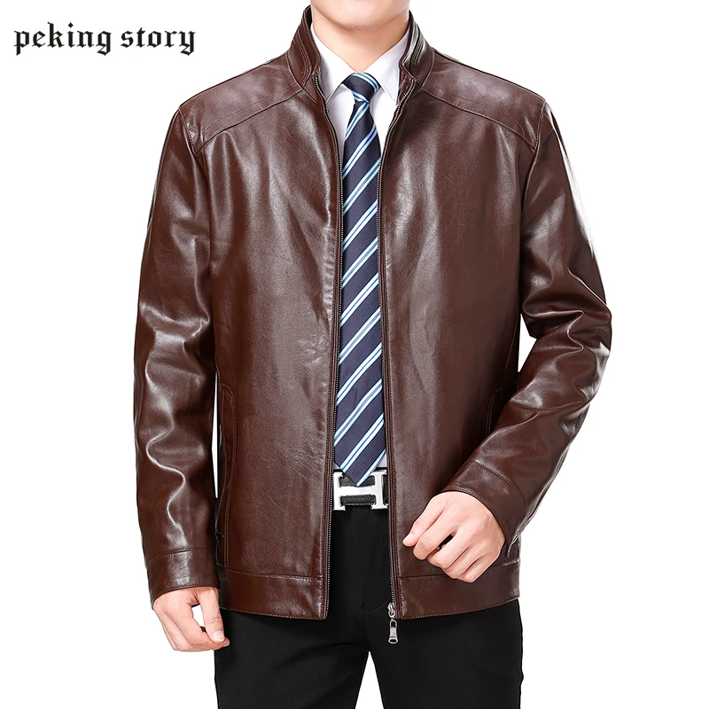 Peking Story Мужская однотонная повседневная искусственная кожа утолщенные пальто 2018