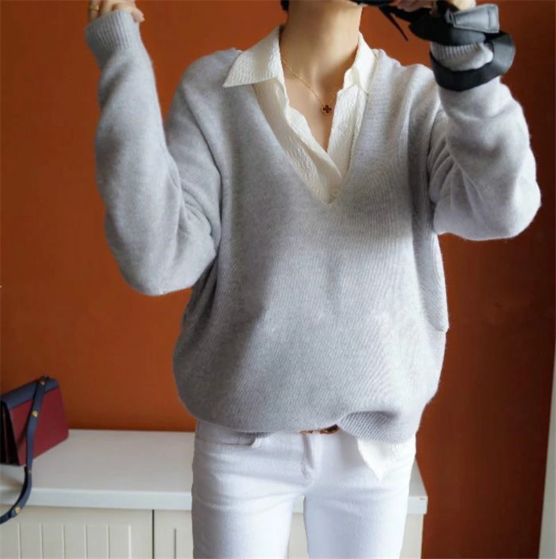 new fashion cashmere knit women casual sweater pullover big V-neck batwing sleeve 8color S/M/L