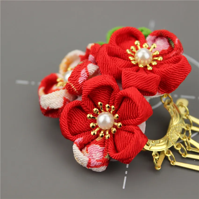 Японский стиль tsuami Kanzashi Розовый Красный Цветок сакуры заколка для волос кимоно гейши ручной работы головной убор HW001