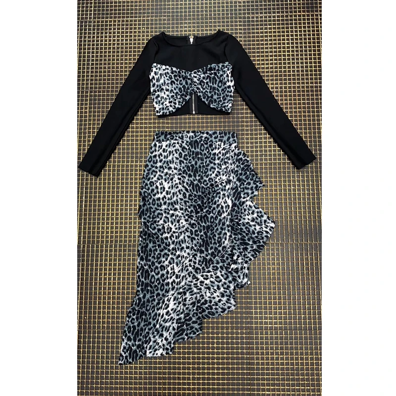 

New Style Fashion Leopard 2 Piece Set Sexy A-line Dress Long Sleeve Women Irregular Design Party Dress Club Outfits Vestidos