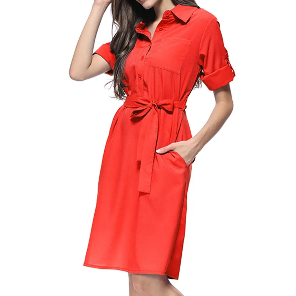 As the photo show Summer Dress Women Fashion Casual Solid Color Pockets Button Turn-down Collar Three Quarter Sleeve Knee Length Vestidos OY41 - Цвет: As the photo show