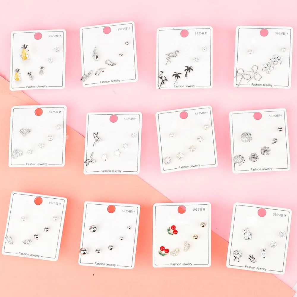 Серьги гвоздики с фианитами 6 шт./компл.|Серьги-гвоздики| |