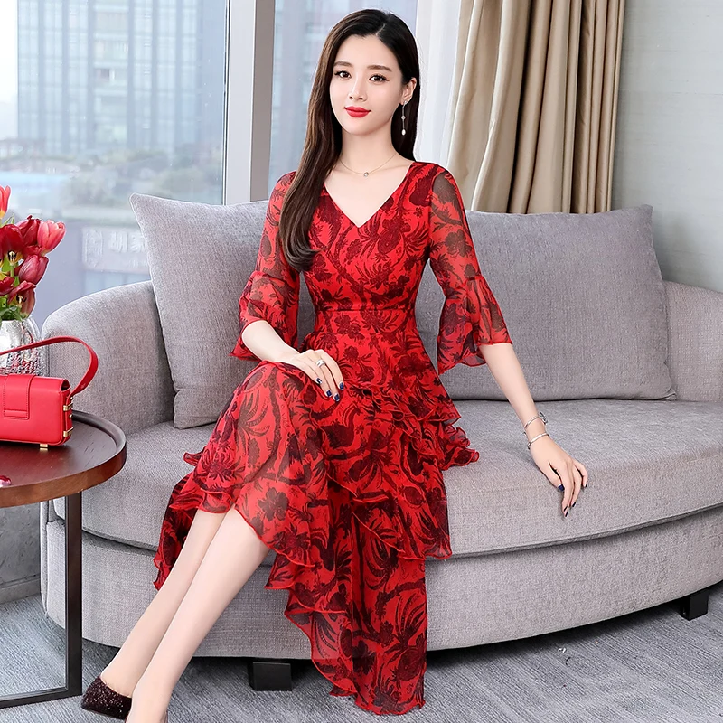 

2019 Summer Casual short Sleeve Elegant Party Dress Long Chiffon Beach Dress Vestidos V-Neck Office Ladies