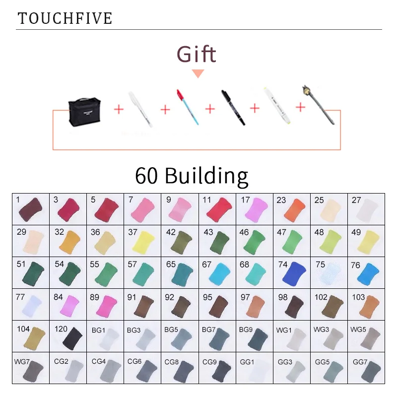 60 BUILDING TouchFIVE 20 Вт, 30 Вт/40/60/80 Цвет маркеры манга рисунок Маркеры Ручка на спиртовой основе эскиз жирной двойной кисть товары для рукоделия - Цвет: 60 BUILDING