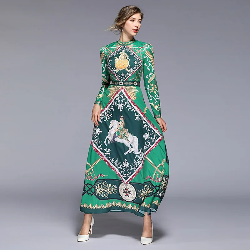 Женское винтажное длинное платье с круглым вырезом длинным рукавом и принтом