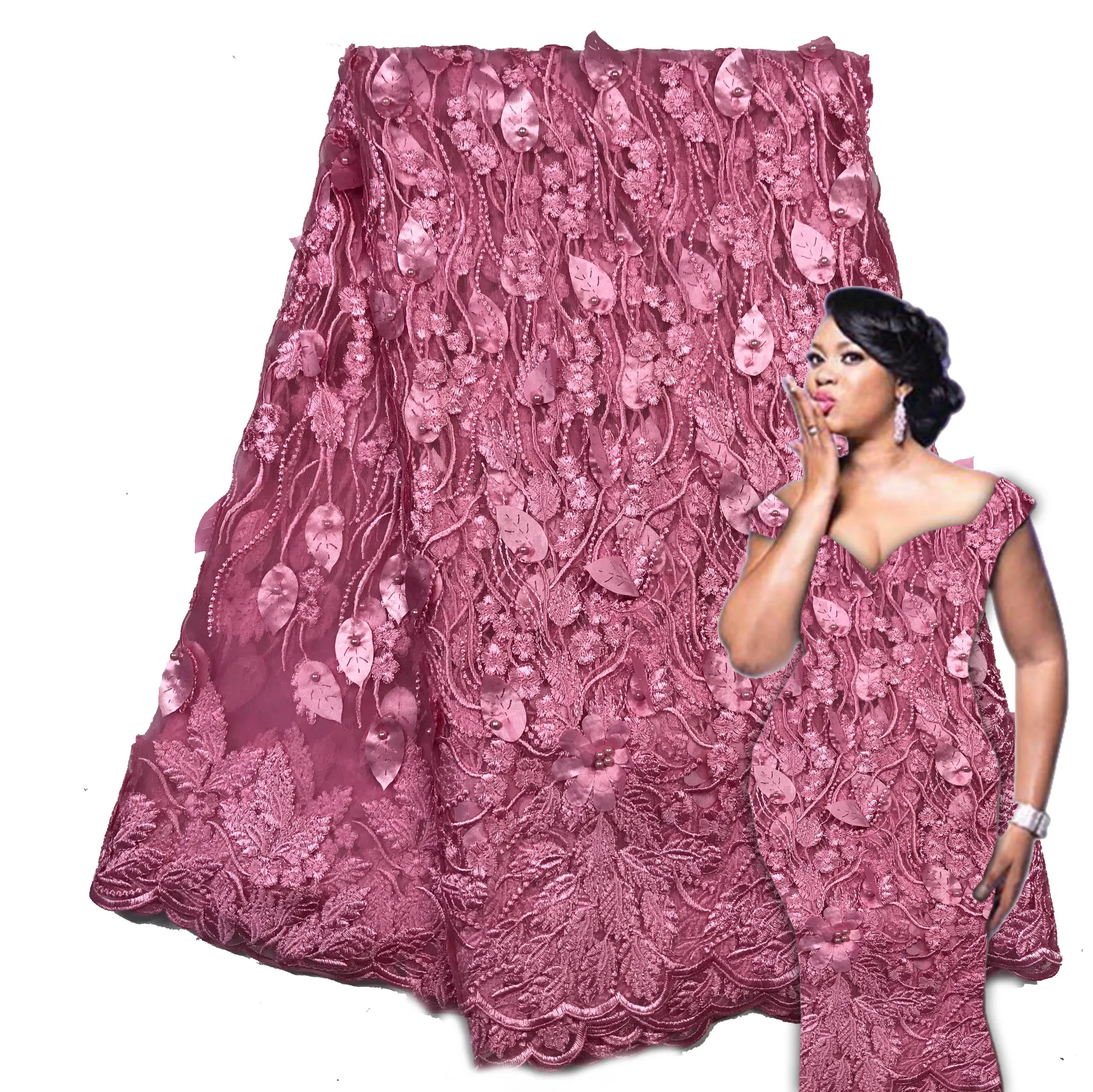 

2018 French Lace Fabric Pink Wedding High Quality African Tulle Lace Fabric 5Yard 3D Flowers Embroidered Tulle Lace fabric 032