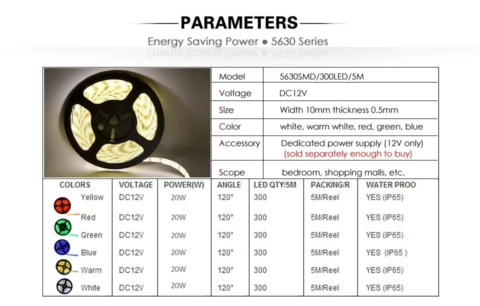 Светодиодный светильник smd5630 водонепроницаемый ip65 DC 12v 300led 5 м белый теплый белый красный зеленый синий 3000K 6500K супер яркая светодиодная лента