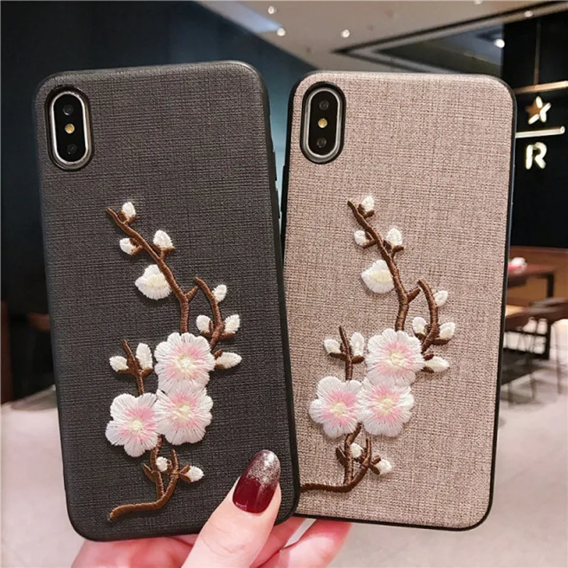 Вышитый Чехол для iPhone X XR XS Max тканевый ПУ + Мягкий ТПУ силиконовый чехол с цветком