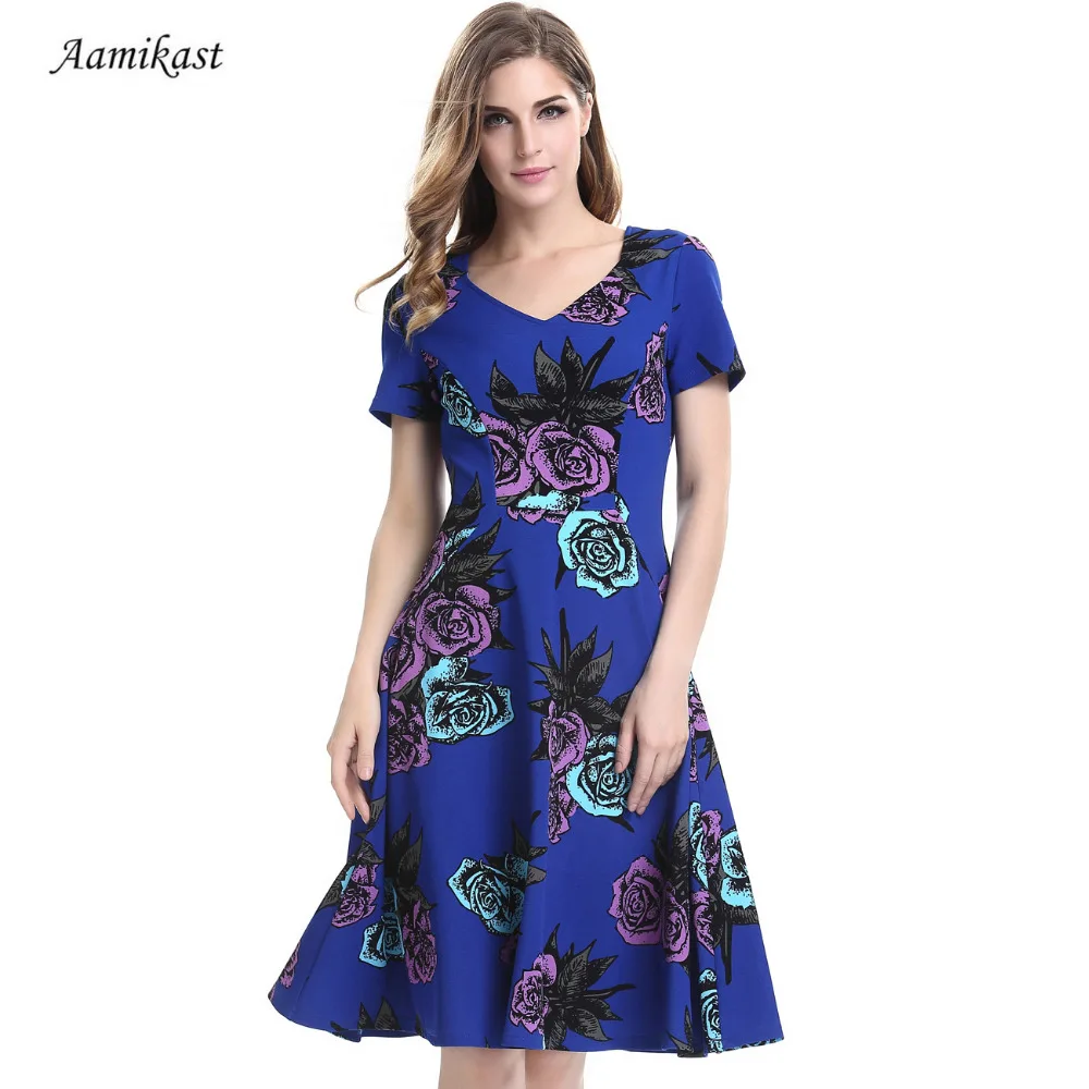 Женское платье-туника с v-образным вырезом и коротким рукавом в стиле ретро