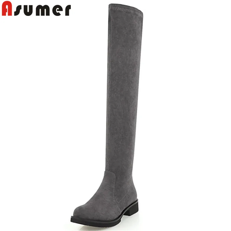 

ASUMER black fashion autumn winter boots round toe over the knee boots square heel flock ladies thigh high boots plus size 33-46