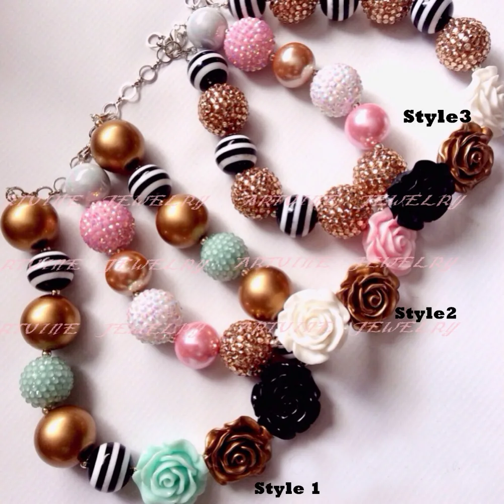 2 шт. золотые и черные бусины с 3 цветками роз массивное ожерелье из жевательной