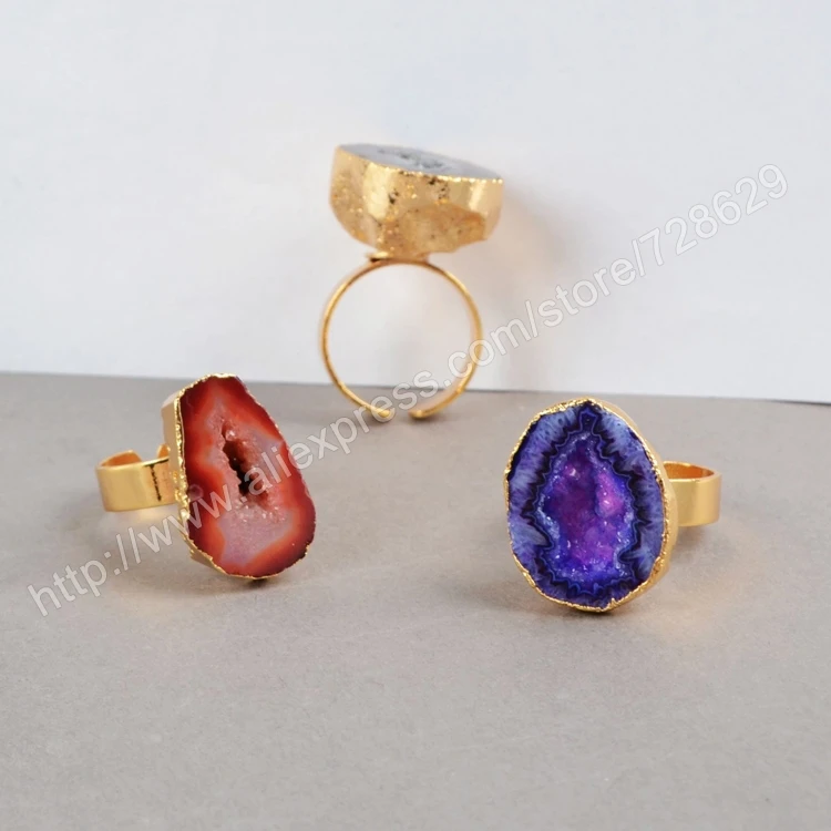 BOROSA 5pcs Dyed Colors Natural Agates Druzy Geode Ring Freeform Cave Small Drusy Gold Band Rings Gems Jewelry G0140 | Украшения и
