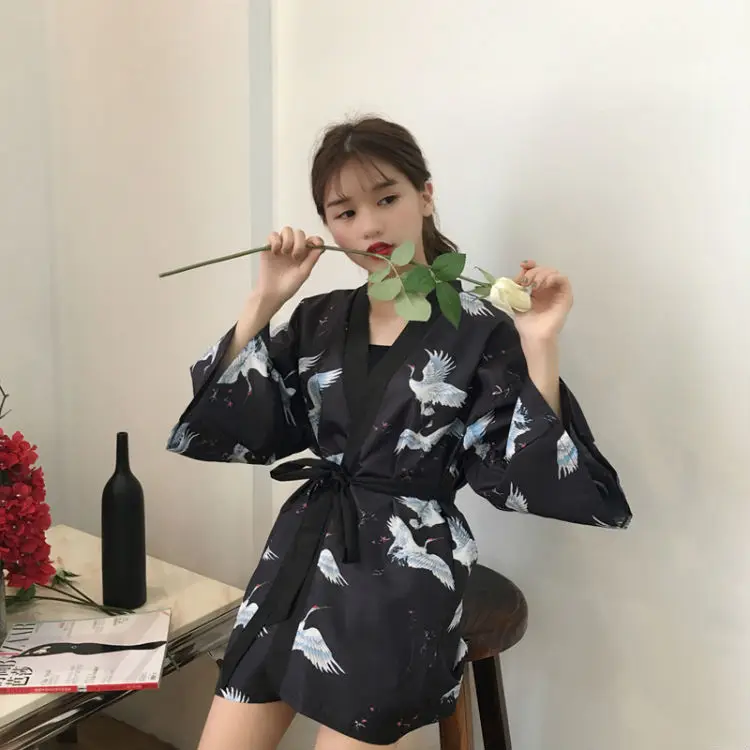 Японское женское кимоно Yukata Haori, карнавальные костюмы для девочек, Harajuku, свободные кимоно с принтом в виде Журавля, кардиган, верхняя одежда, повседневная куртка