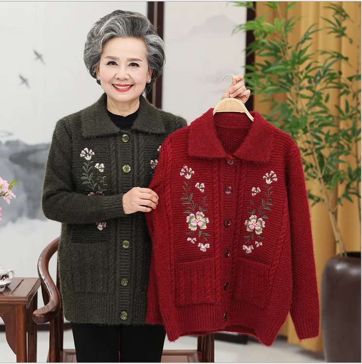 

Middle-Aged Women Plus Size Winter Thick Cardigan Sweater Print Single-Breasted 60-70 Years Old Grandma Knitting Coat T346