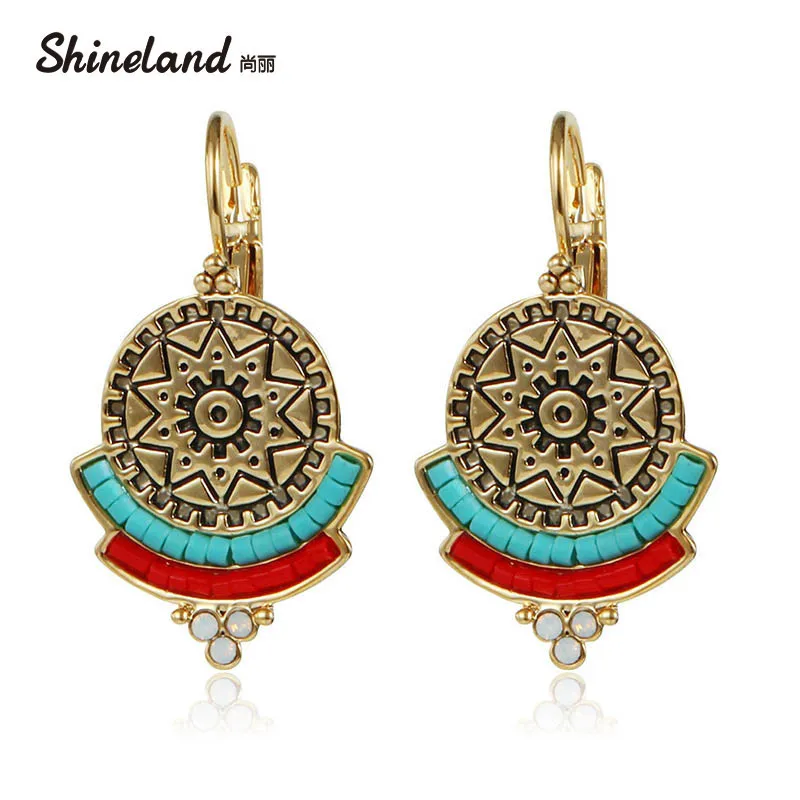 

Shineland Vintage Unique Round Carved Flower 3 Color Brincos Blue Resin Beads Rhinestone Drop Earrings Ethnic Jewelry for Women