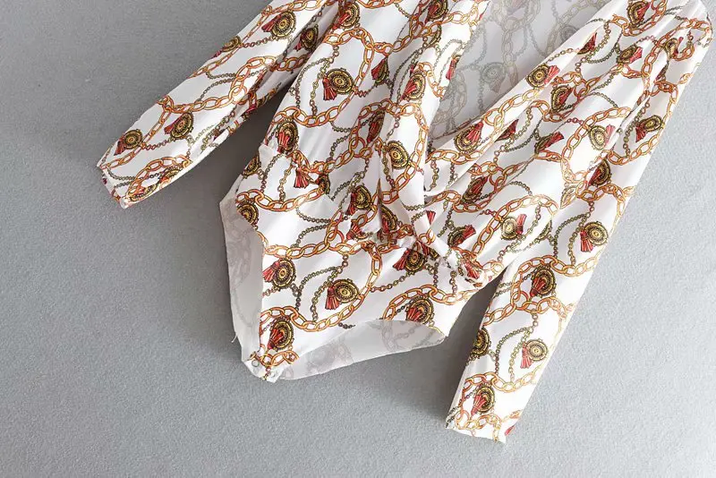 Women sexy v neck chains print casual pleats bodysuit shirt long sleeve siamese blouse chic playsuits femininas blusas |