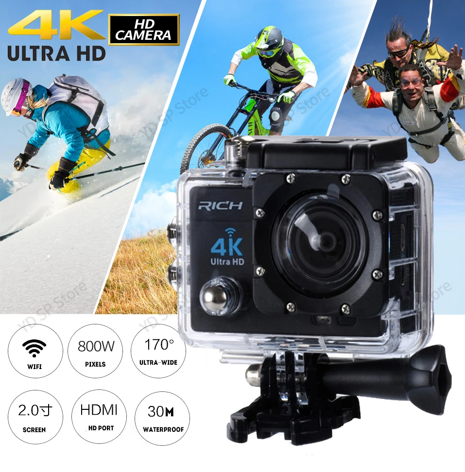 Богатая экшн-камера видеокамера HD 4K 14MP wifi 1080P 2,0 дюймов 170 градусов объектив go 30M Водонепроницаемая профессиональная Экшн-камера