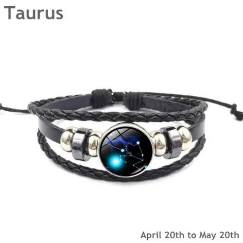 Taurus Новые кожаные браслеты ручной работы со светящимися 12 созвездиями и зодиакальными принтами, стеклянный браслет с кнопками, браслет для женщин и мужчин, ювелирные изделия - Окраска металла: Taurus