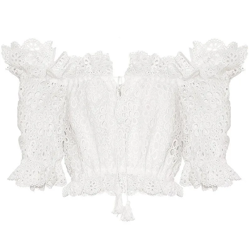 white TWOTWINSTYLE однотонная Повседневная Женская блузка с вырезом лодочкой и пышными рукавами с кисточками, женские топы с вырезами, Весенняя мода - Цвет: white