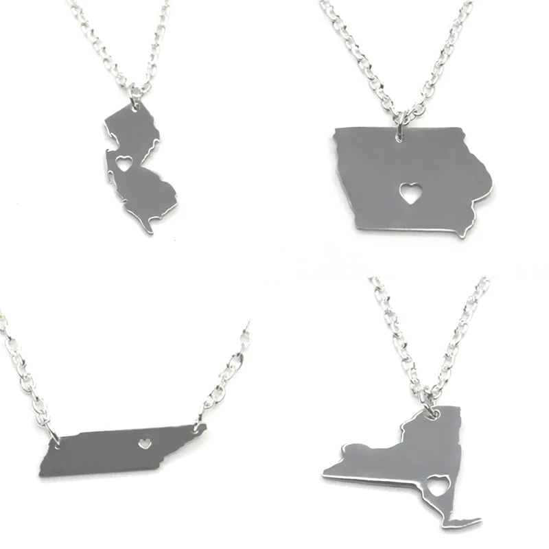 Ожерелье с картой штата США колье серебристого тона изображением Нью-Йорка