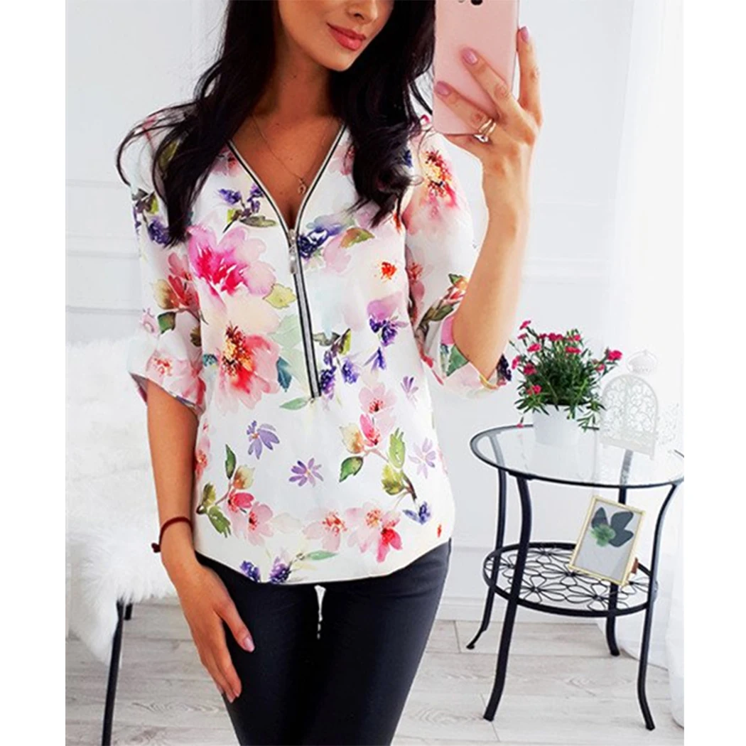 Женская рубашка с длинным рукавом и цветочным принтом сексуальная Свободная