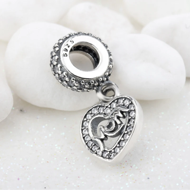 

925 Sterling Silver I Love My Mom Heart Dangle Charm Fits Chain Bracelet For Jewelry Making