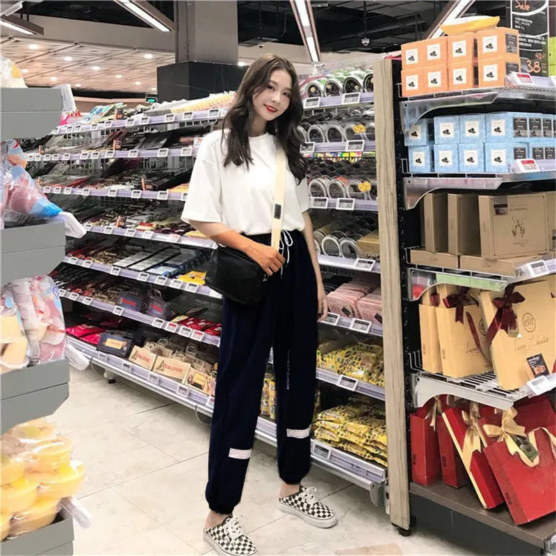 

Summer Hip Hop Pant Drawsting Waist Harem Pants Women Glossy Sport Ribbon Trousers BF Harajuku Joggers Women's Sports Pants 2019